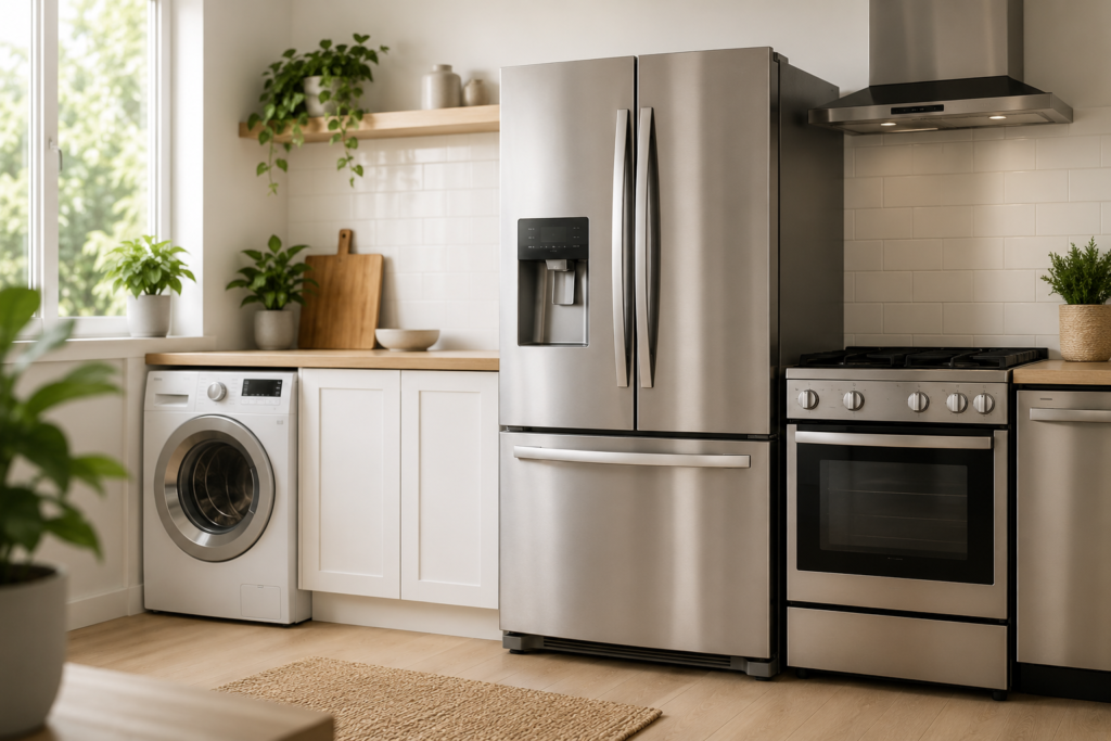 Washing machine, refrigerator and range in a kitchen